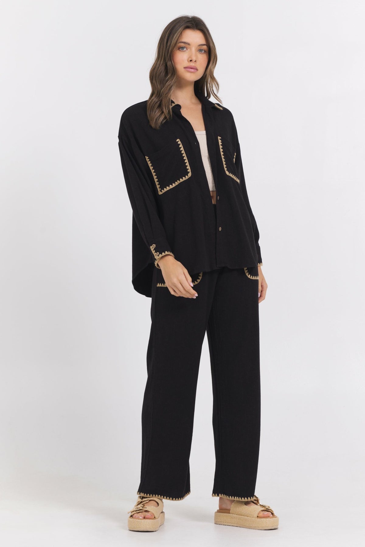 Black Whip Stitch Button Down + Pant 2-Piece Set | Vintage Havana Women