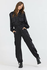 Black Heavy Satin Pants + Bomber 2-Piece Set | Vintage Havana Women