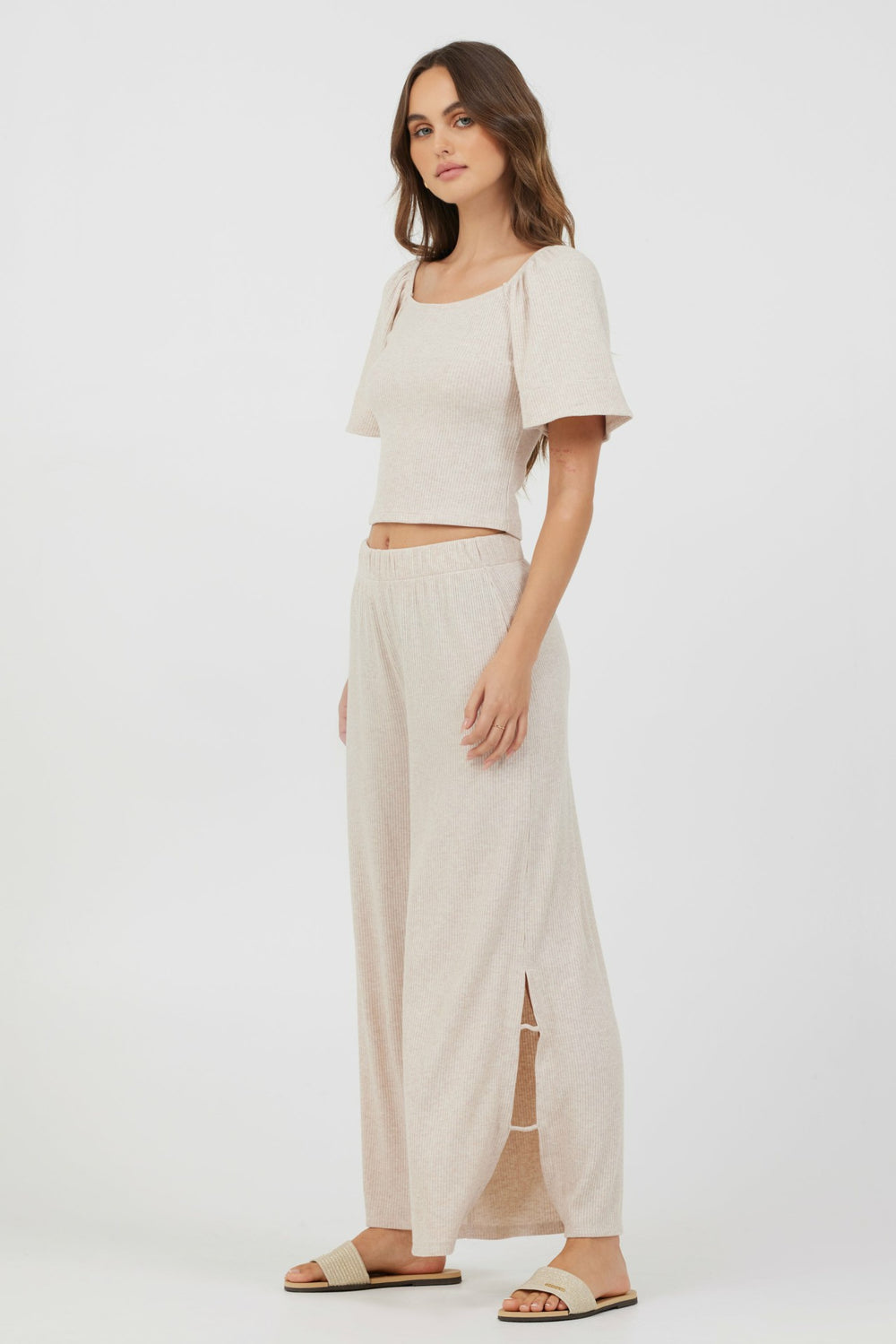 Heather Oatmeal Knit Top + Pants 2-Piece Set | Vintage Havana Women