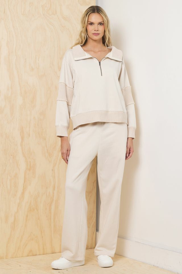 Fleece Quarter Zip w/ Rib Detail - Bone | Vintage Havana Women